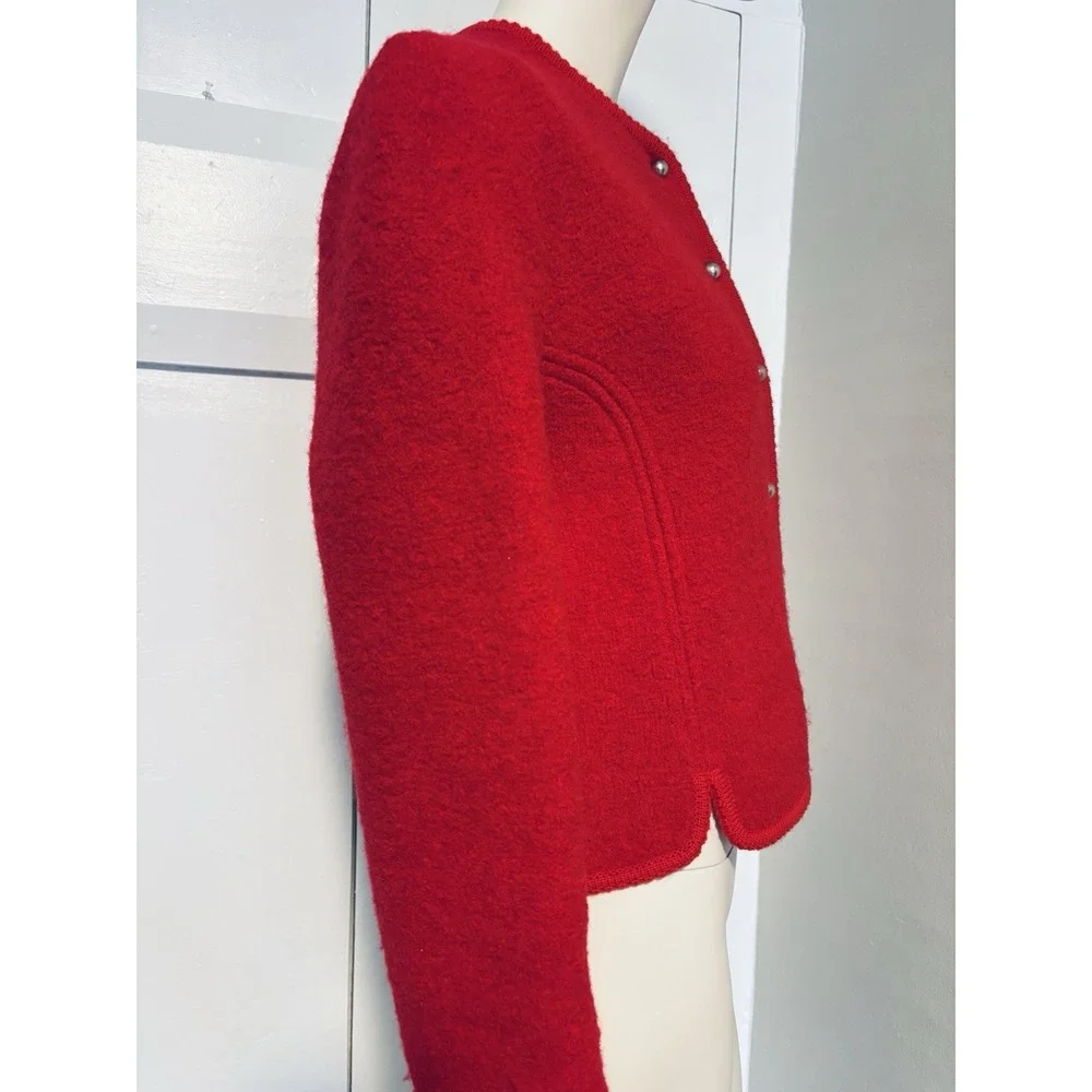 Vintage The‎ Eagles Eye Size 10 Boiled Wool Red Cardigan Sweater Silver Buttons
